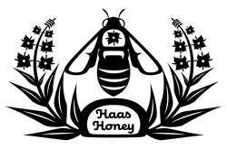 Tsimshian formline drawing of a honey bee and fireweed surrounding the bee. Text says 'haas honey'.